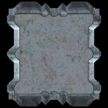 Gelecekçi tasarım şablonu. Metal paslı tabak menüsü. Teknoloji afişi beyaz arkaplanda izole edildi. Bilim kurgu elemanı grafiği. Metalik paslanmış 3 boyutlu illüstrasyon.  