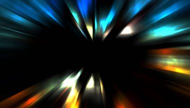 Siyah arkaplanda izole edilmiş dinamik ışık ışınları. Parlayan renkli ışık parçacıklarının grafiksel 2d çizimi.