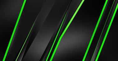 Metin için kopyalama alanı olan soyut siyah paneller. Üç boyutlu illüstrasyon. Renkli ışık özellikli koyu renk tasarım şablonu. Zarif geometrik parlak çizgili arka plan. Minimalist geometrik kapak grafiği.