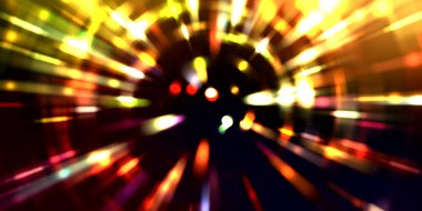 Parlayan ışıkları hareket ettirmenin havalı arka planı. Tasarımınız için canlı renkli bir portal şablonu. Işık ışınları ve hareket halindeki ışıldayan parçacıklar bir solucan deliği şekli oluşturuyor..