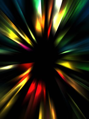 Siyah arkaplanda izole edilmiş dinamik ışık ışınları. Parlayan renkli ışık parçacıklarının grafiksel 2d çizimi.