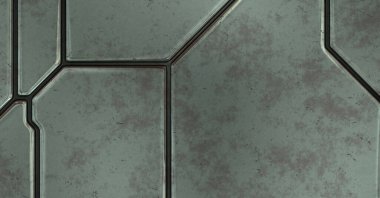 Gelecekçi kavramsal tasarım arka planı. Uzay gemisi desenli duvar kağıdı. Fırçalanmış teknoloji şablonu yüzeyi. Üç boyutlu illüstrasyon. SciFi panelleri duvar.