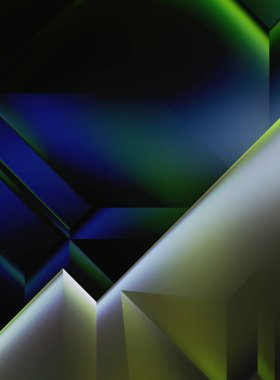Geometrik dinamik şekiller. Gölgeli teknoloji dijital şablonu ve gradyan arka planda ışıklar. Modern basit geometrik renk gradyanı soyut arkaplan. 3B illüstrasyon. 