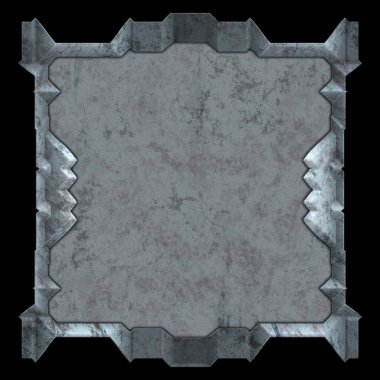 Gelecekçi tasarım şablonu. Metal paslı tabak menüsü. Teknoloji afişi beyaz arkaplanda izole edildi. Bilim kurgu elemanı grafiği. Metalik paslanmış 3 boyutlu illüstrasyon.  