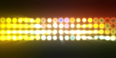 Parlak desenli duvar kağıdı. Sahne ışıkları olan renkli ışıkların ihtişamlı arkaplanı. Parlayan ışıklar siyah arka planda parti izleri. Sahne veya stadyum ışıklarının dijital illüstrasyonu. 