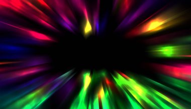 Siyah arkaplanda izole edilmiş dinamik ışık ışınları. Parlayan renkli ışık parçacıklarının grafiksel 2d çizimi.