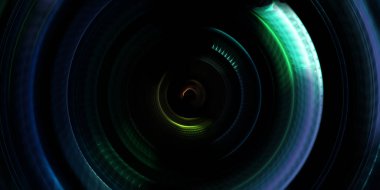 Fotoğraf makinesi konsepti. Soyut arkaplan. Dönen ışık ışınları. Hareketli kavramsal duvar kağıdı. Grafik dijital illüstrasyon. Parlayan neon ışıkları. Parlak sunum tasarım şablonu.