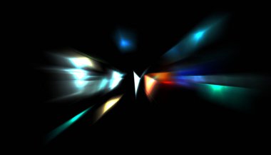 Parlayan ışıkları hareket ettirmenin havalı arka planı. Tasarımınız için canlı renkli bir portal şablonu. Işık ışınları ve hareket halindeki ışıldayan parçacıklar bir solucan deliği şekli oluşturuyor..