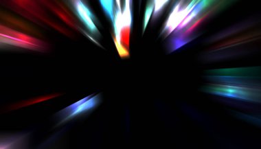 Siyah arkaplanda izole edilmiş dinamik ışık ışınları. Parlayan renkli ışık parçacıklarının grafiksel 2d çizimi.