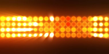 Parlak desenli duvar kağıdı. Sahne ışıkları olan renkli ışıkların ihtişamlı arkaplanı. Parlayan ışıklar siyah arka planda parti izleri. Sahne veya stadyum ışıklarının dijital illüstrasyonu. 