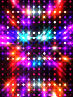 Parlayan ışıklar siyah arka planda parti izleri. Sahne veya stadyum ışıklarının dijital illüstrasyonu. Parlak desenli duvar kağıdı. Sahne ışıkları ile renkli ışıkların ihtişamlı arkaplanı.