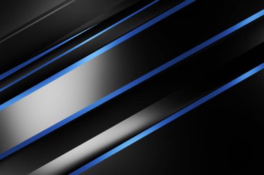 Metin için kopyalama alanı olan soyut siyah paneller. Üç boyutlu illüstrasyon. Renkli ışık özellikli koyu renk tasarım şablonu. Zarif geometrik parlak çizgili arka plan. Minimalist geometrik kapak grafiği.