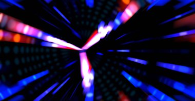 Siyah arkaplanda dönen ışık gösterisi. Lüks çizgiler. Parlak kıvrımlı duvar kağıdı. Uzay tüneli. Dönen ışık çemberi ya da maytap izi. Parlak konsept çizimi.