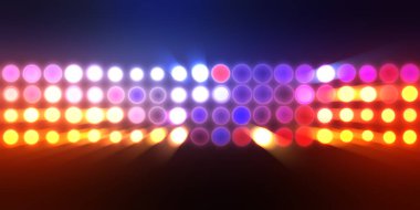 Parlak desenli duvar kağıdı. Sahne ışıkları olan renkli ışıkların ihtişamlı arkaplanı. Parlayan ışıklar siyah arka planda parti izleri. Sahne veya stadyum ışıklarının dijital illüstrasyonu. 