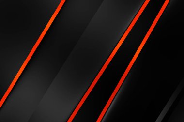 Metin için kopyalama alanı olan soyut siyah paneller. Üç boyutlu illüstrasyon. Renkli ışık özellikli koyu renk tasarım şablonu. Zarif geometrik parlak çizgili arka plan. Minimalist geometrik kapak grafiği.