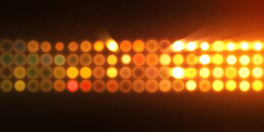 Parlak desenli duvar kağıdı. Sahne ışıkları olan renkli ışıkların ihtişamlı arkaplanı. Parlayan ışıklar siyah arka planda parti izleri. Sahne veya stadyum ışıklarının dijital illüstrasyonu. 