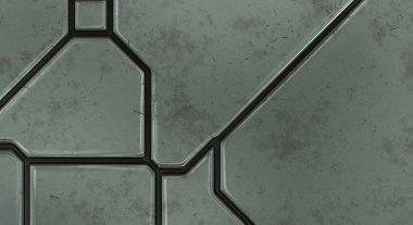 Gelecekçi kavramsal tasarım arka planı. Uzay gemisi desenli duvar kağıdı. Fırçalanmış teknoloji şablonu yüzeyi. Üç boyutlu illüstrasyon. SciFi panelleri duvar.