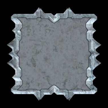 Gelecekçi tasarım şablonu. Metal paslı tabak menüsü. Teknoloji afişi beyaz arkaplanda izole edildi. Bilim kurgu elemanı grafiği. Metalik paslanmış 3 boyutlu illüstrasyon.  