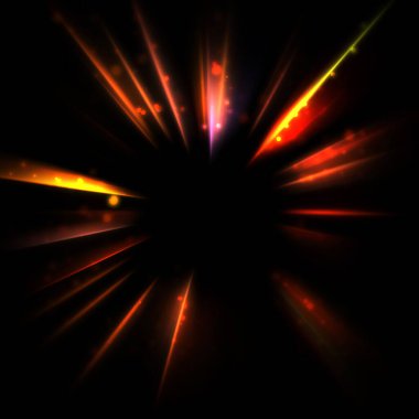 Işık huzmeleri ve parlayan parçacıkların kesiştiği güzel bir zemin. Canlı renkli ışıkların duvar kâğıdı. Parlak ışık görüntüsü.