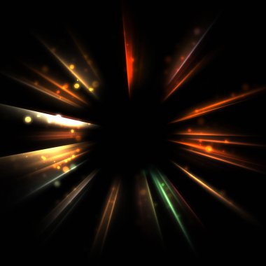 Işık huzmeleri ve parlayan parçacıkların kesiştiği güzel bir zemin. Canlı renkli ışıkların duvar kâğıdı. Parlak ışık görüntüsü.