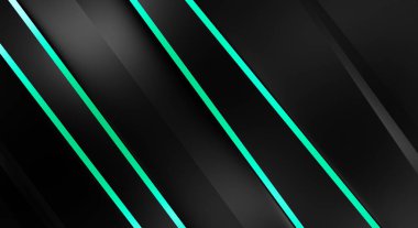 Metin için kopyalama alanı olan soyut siyah paneller. Üç boyutlu illüstrasyon. Renkli ışık özellikli koyu renk tasarım şablonu. Zarif geometrik parlak çizgili arka plan. Minimalist geometrik kapak grafiği.