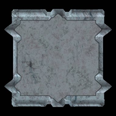 Gelecekçi tasarım şablonu. Metal paslı tabak menüsü. Teknoloji afişi beyaz arkaplanda izole edildi. Bilim kurgu elemanı grafiği. Metalik paslanmış 3 boyutlu illüstrasyon.  