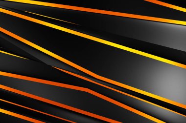 Metin için kopyalama alanı olan soyut siyah paneller. Üç boyutlu illüstrasyon. Renkli ışık özellikli koyu renk tasarım şablonu. Zarif geometrik parlak çizgili arka plan. Minimalist geometrik kapak grafiği.