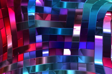 Metalik panel dokusunun 3 boyutlu çizimi. Renkli, parlak, soyut duvar kağıdı. Geometrik teknolojik parlak yansıtıcı arka plan. Yaratıcı parlak kavramsal arkaplan.