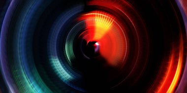 Fotoğraf makinesi konsepti. Soyut arkaplan. Dönen ışık ışınları. Hareketli kavramsal duvar kağıdı. Grafik dijital illüstrasyon. Parlayan neon ışıkları. Parlak sunum tasarım şablonu.