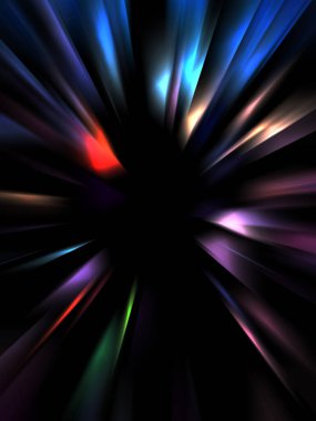 Siyah arkaplanda izole edilmiş dinamik ışık ışınları. Parlayan renkli ışık parçacıklarının grafiksel 2d çizimi.