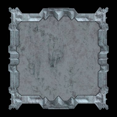 Gelecekçi tasarım şablonu. Metal paslı tabak menüsü. Teknoloji afişi beyaz arkaplanda izole edildi. Bilim kurgu elemanı grafiği. Metalik paslanmış 3 boyutlu illüstrasyon.  