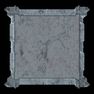 Gelecekçi tasarım şablonu. Metal paslı tabak menüsü. Teknoloji afişi beyaz arkaplanda izole edildi. Bilim kurgu elemanı grafiği. Metalik paslanmış 3 boyutlu illüstrasyon.  