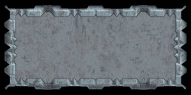 Gelecekçi tasarım şablonu. Metal paslı tabak menüsü. Teknoloji afişi beyaz arkaplanda izole edildi. Bilim kurgu elemanı grafiği. Metalik paslanmış 3 boyutlu illüstrasyon.  