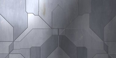 Gelecekçi kavramsal tasarım arka planı. Uzay gemisi desenli duvar kağıdı. Fırçalanmış teknoloji şablonu yüzeyi. Üç boyutlu illüstrasyon. Simetrik SciFi panelleri duvar. 