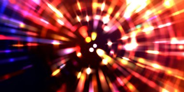 Parlayan ışıkları hareket ettirmenin havalı arka planı. Tasarımınız için canlı renkli bir portal şablonu. Işık ışınları ve hareket halindeki ışıldayan parçacıklar bir solucan deliği şekli oluşturuyor..