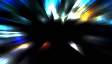 Siyah arkaplanda izole edilmiş dinamik ışık ışınları. Parlayan renkli ışık parçacıklarının grafiksel 2d çizimi.