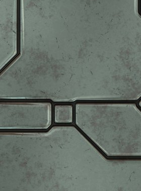 Gelecekçi kavramsal tasarım arka planı. Uzay gemisi desenli duvar kağıdı. Fırçalanmış teknoloji şablonu yüzeyi. Üç boyutlu illüstrasyon. SciFi panelleri duvar.