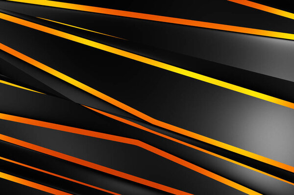 Abstract black panels with copyspace for text. 3D illustration. Dark design template with color lights features. Elegant geometrical glossy stripes backdrop. Minimalist geometric cover graphic.