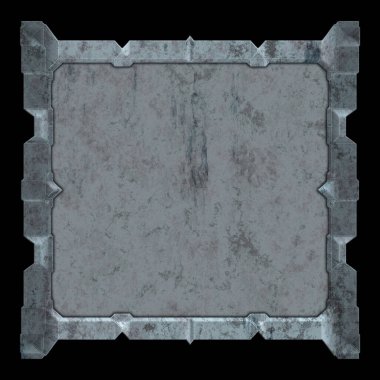 Gelecekçi tasarım şablonu. Metal paslı tabak menüsü. Teknoloji afişi beyaz arkaplanda izole edildi. Bilim kurgu elemanı grafiği. Metalik paslanmış 3 boyutlu illüstrasyon.  