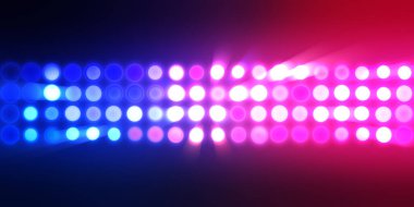 Parlak desenli duvar kağıdı. Sahne ışıkları olan renkli ışıkların ihtişamlı arkaplanı. Parlayan ışıklar siyah arka planda parti izleri. Sahne veya stadyum ışıklarının dijital illüstrasyonu. 