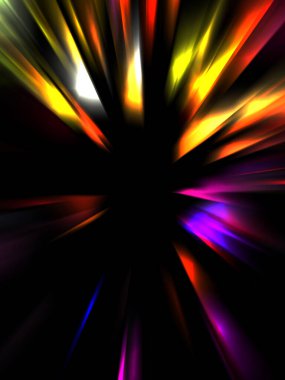 Siyah arkaplanda izole edilmiş dinamik ışık ışınları. Parlayan renkli ışık parçacıklarının grafiksel 2d çizimi.