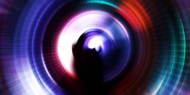 Parlayan neon ışıkları. Parlak sunum tasarım şablonu. Fotoğraf makinesi konsepti. Soyut arkaplan. Dönen ışık ışınları. Hareketli kavramsal duvar kağıdı. Grafik dijital illüstrasyon. 