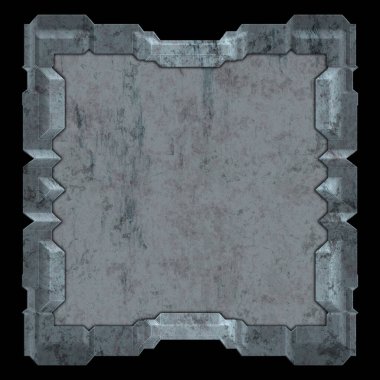 Gelecekçi tasarım şablonu. Metal paslı tabak menüsü. Teknoloji afişi beyaz arkaplanda izole edildi. Bilim kurgu elemanı grafiği. Metalik paslanmış 3 boyutlu illüstrasyon.  