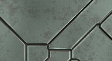 Gelecekçi kavramsal tasarım arka planı. Uzay gemisi desenli duvar kağıdı. Fırçalanmış teknoloji şablonu yüzeyi. Üç boyutlu illüstrasyon. SciFi panelleri duvar.