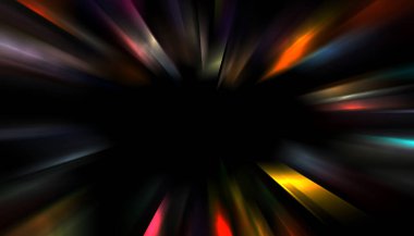 Siyah arkaplanda izole edilmiş dinamik ışık ışınları. Parlayan renkli ışık parçacıklarının grafiksel 2d çizimi.