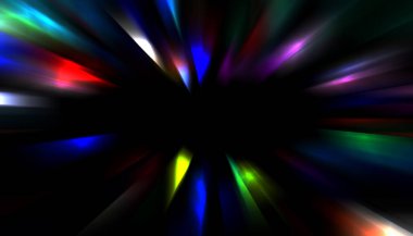Siyah arkaplanda izole edilmiş dinamik ışık ışınları. Parlayan renkli ışık parçacıklarının grafiksel 2d çizimi.