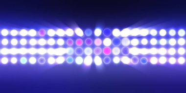 Parlak desenli duvar kağıdı. Sahne ışıkları olan renkli ışıkların ihtişamlı arkaplanı. Parlayan ışıklar siyah arka planda parti izleri. Sahne veya stadyum ışıklarının dijital illüstrasyonu. 