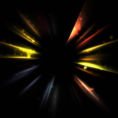 Işık huzmeleri ve parlayan parçacıkların kesiştiği güzel bir zemin. Canlı renkli ışıkların duvar kâğıdı. Parlak ışık görüntüsü.