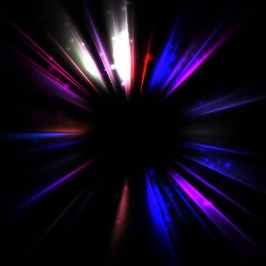 Işık huzmeleri ve parlayan parçacıkların kesiştiği güzel bir zemin. Canlı renkli ışıkların duvar kâğıdı. Parlak ışık görüntüsü.