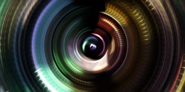 Fotoğraf makinesi konsepti. Soyut arkaplan. Dönen ışık ışınları. Hareketli kavramsal duvar kağıdı. Grafik dijital illüstrasyon. Parlayan neon ışıkları. Parlak sunum tasarım şablonu.